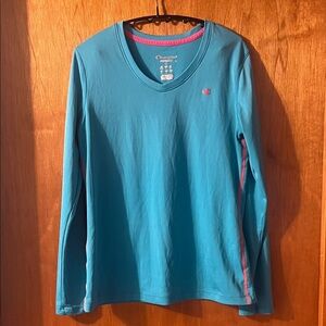 Woman’s Champion Teal Long Sleeve V-Neck with Pink Accents Medium